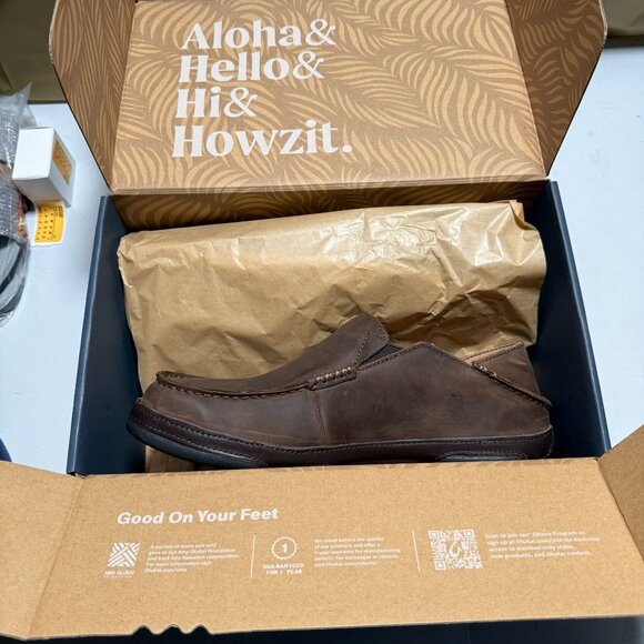 OluKai Men's Moloa Loafers Dark Wood/Dark Java US 10 NEW - Picture 2 of 6